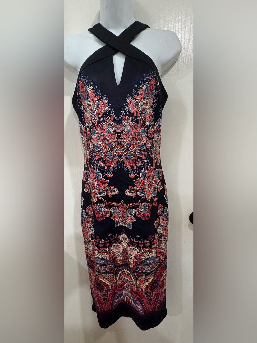 Y2K Sleeveless Navy Cross-Neck Floral bohemian girls night outsatin-feel Dress